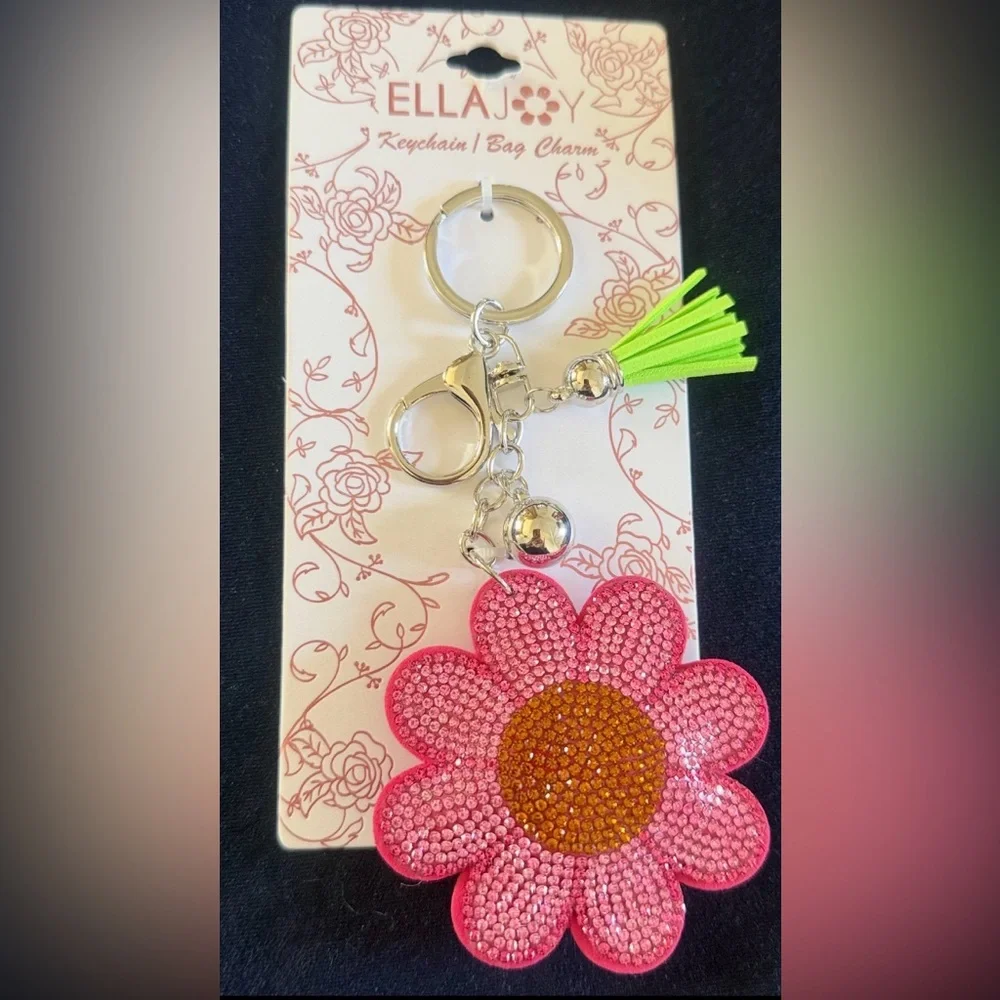 Pink and Orange Flower Keychain & Bag Charm With Rhinestones Accents